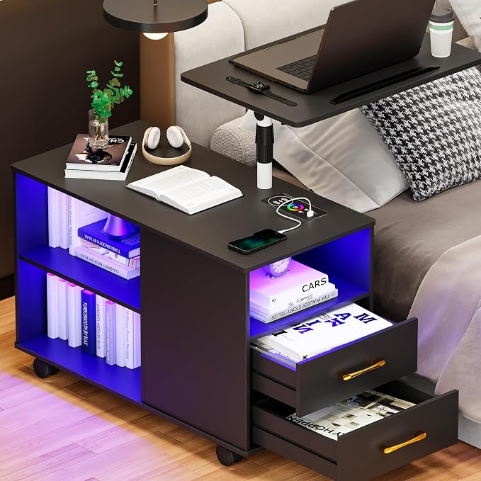 Gurexl 360° LED Nightstand with Wireless Charging Station, Movable Adjustable Bedside Table with Laptop Tray, Auto Sensor Night Stand for Bedroom (Black) by Gurexl