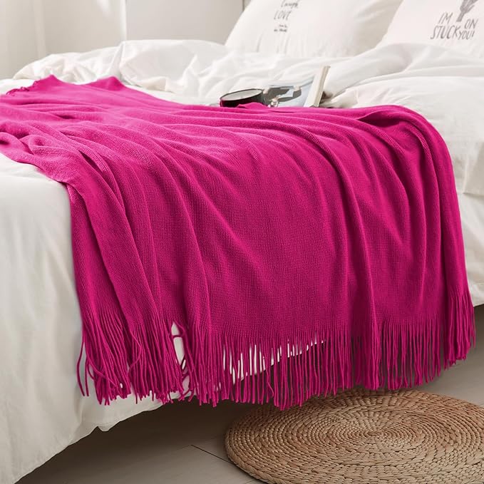 Homiest Decorative Knitted Throw with Fringe, Lightweight Acrylic Knit Blanket, Soft & Cozy Tassel for Couch Sofa Bed (Dark Pink, 50 x 60 Inch)
