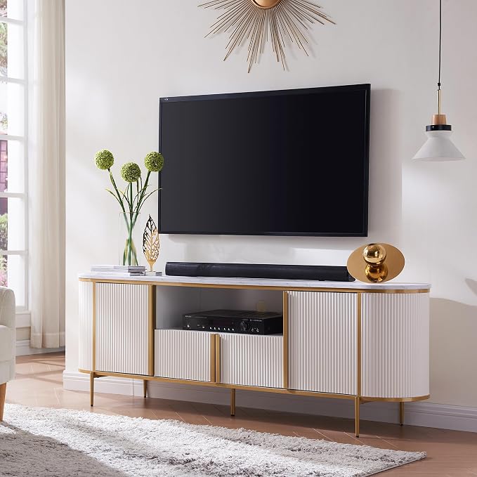 OKD Luxury 70" Fluted TV Stand, Modern Chic Entertainment Center for TVs Up to 80 inches, TV Console with Faux Marble Top, Curved Profile Design, Media Console for Living Room, Off White - Image 3