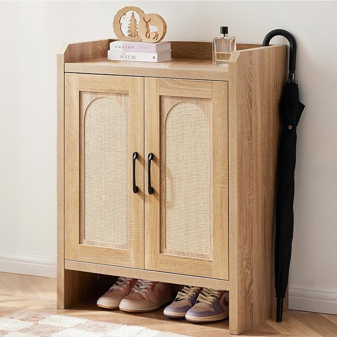 Mericonia Shoe Cabinet Storage for Entryway, Natural Rattan Shoe Storage Cabinet, Wooden Shoe Rack Cabinet, Farmhouse Boho Wood Shoe Organizer Cabinet for Hallway by MERICONIA