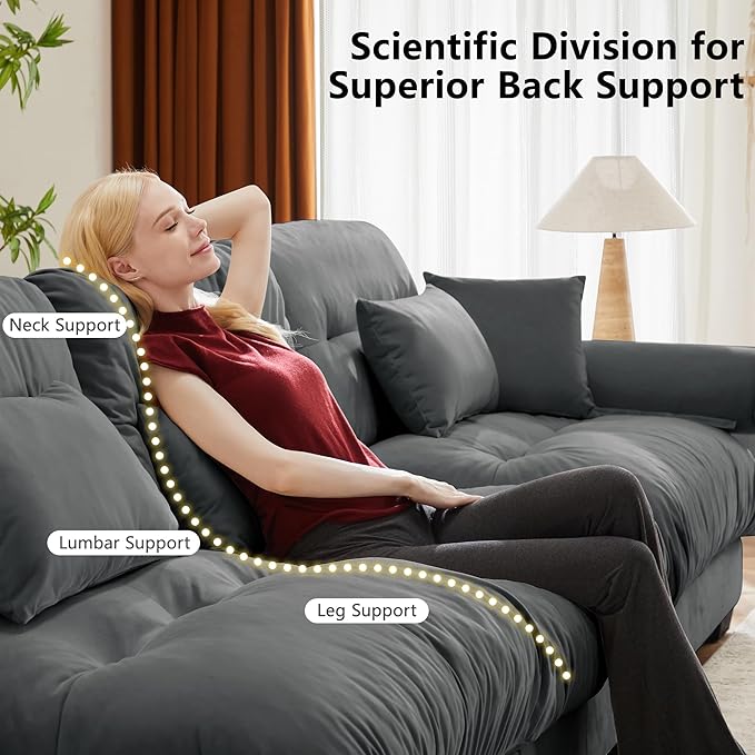 KEIKI 94" Oversized Velvet Modular Sectional Loveseat Sofa with High-Density Foam Cushions and Bolstered Armrests, Upholstered Modern Style 2-Seater Cloud Couch with 4 Pillow, for Living Room, Grey