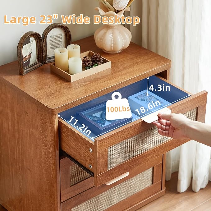 LEYAOYAO Rattan Night Stand with Drawers, 23" Large 3 Drawer Boho Nightstand, Natural Wood Bedside Table Storage Cabinet, Bed Side End Tables Dresser for Bedroom, Living Room, Hallway, Closet - Image 4