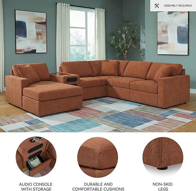 Signature Design by Ashley Modern Modmax Stain Resistant U-Shape Right-Arm Facing 6-Piece Sectional with Audio System and Chaise, Orange