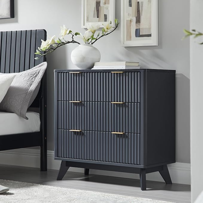T4TREAM Fluted 3 Drawers Nightstand, Oversized Extra Large Modern Side Table with Faux Marble Top, End Table Bedside for Bedroom, Living Room, Curved Profile Design, Dark Grey by T4TREAMFurniture