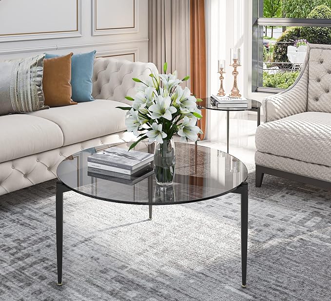 Round Tempered Glass Table 31.5 inch Large Circle Top Metal Frame Grey