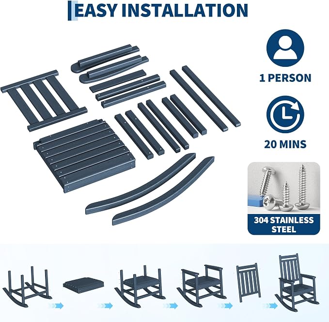 Garvee HDPE Rocking Chair Outdoor Set of 4 with 2 Side Table - Poly High Back Porch Rocker Chairs for Adults - All Weather Resistant Furniture for Patio Front Porch - Navy Blue - Image 6