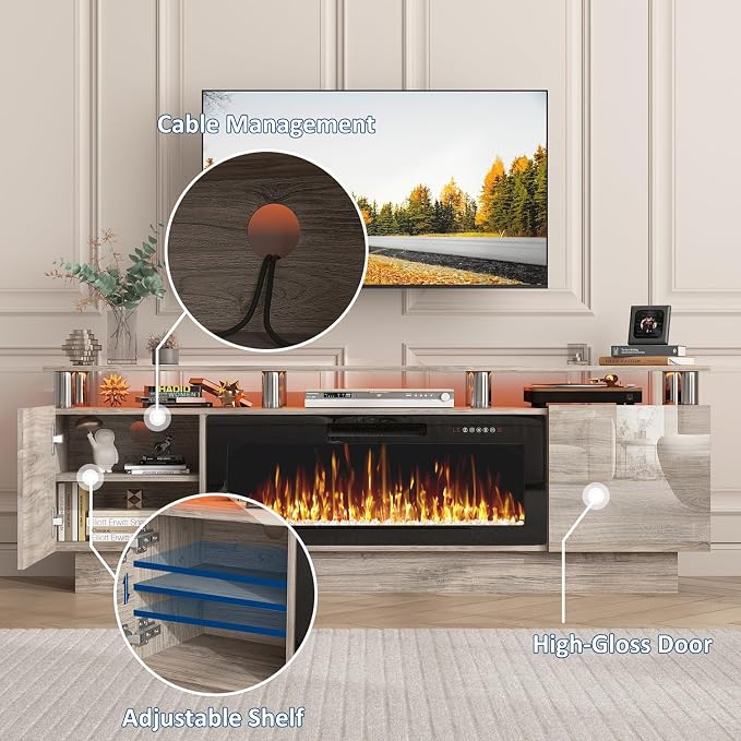 PUKAMI 70" Fireplace TV Stand with 36" Electric Fireplace, LED Light Entertainment Center with Storage, 2 Tier Modern Wood Media TV Console with Highlight Cabinet for Living Room, Grey - Image 3