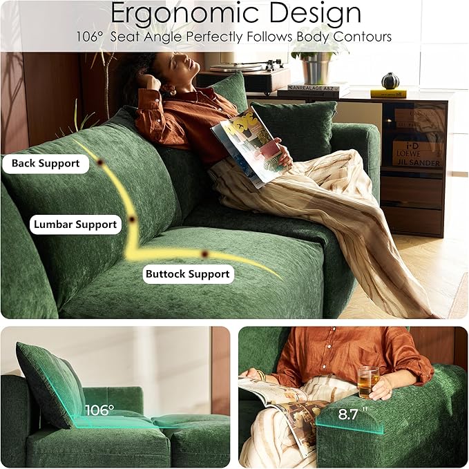 LINSY HOME Cloud Couch Sectional, Modular Sofa Sectionals for Living Room Bedroom, 91" 2 Seater Love Seat Couch with Ottoman, Deep Seat Cozy Couch Luxury Chenille Sofas, Green