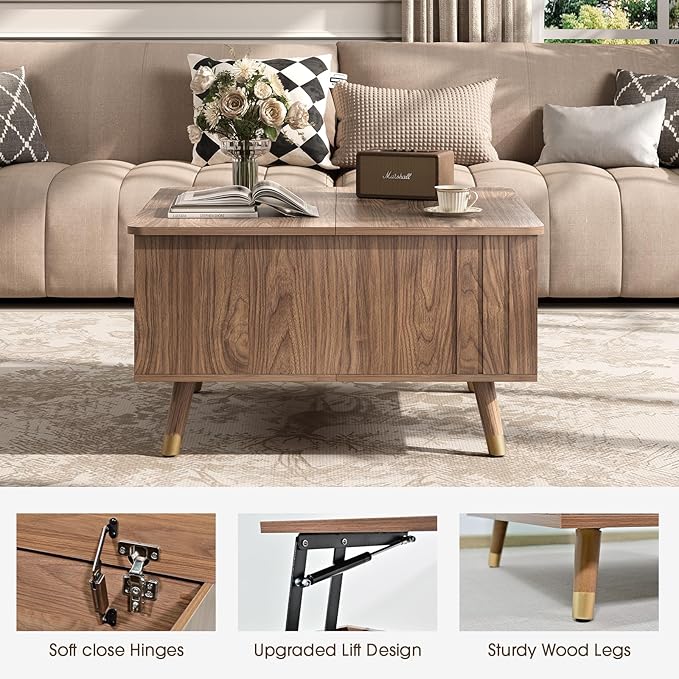 32" Square Lift Top Coffee Table with Storage, Mid Century Modern Walnut Center Table with Rising Desktop for Living Room, Brown Wood Finish