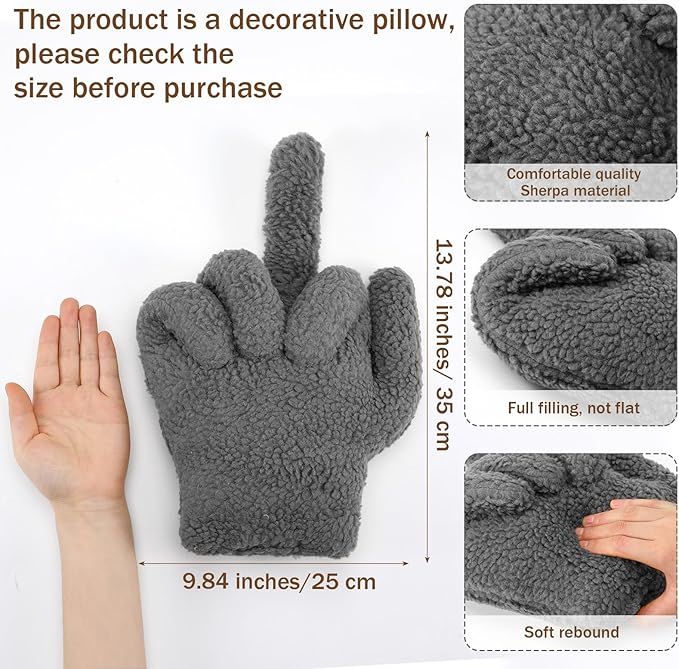 Menkxi Small Middle Finger Decorative Pillow 13.78 x 9.84 in Funny Shaped Sherpa Fleece Throw Pillow Warm Soft Emoticon Cushion Middle Finger Decor for Couch Gag Gift(Dark Grey)