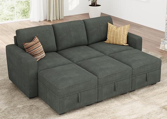 HONBAY Modular Sectional Sleeper Sofa Bed, Pull Out Couch with Storage Ottoman, U Shaped Sectional Couches for Living Room, Green