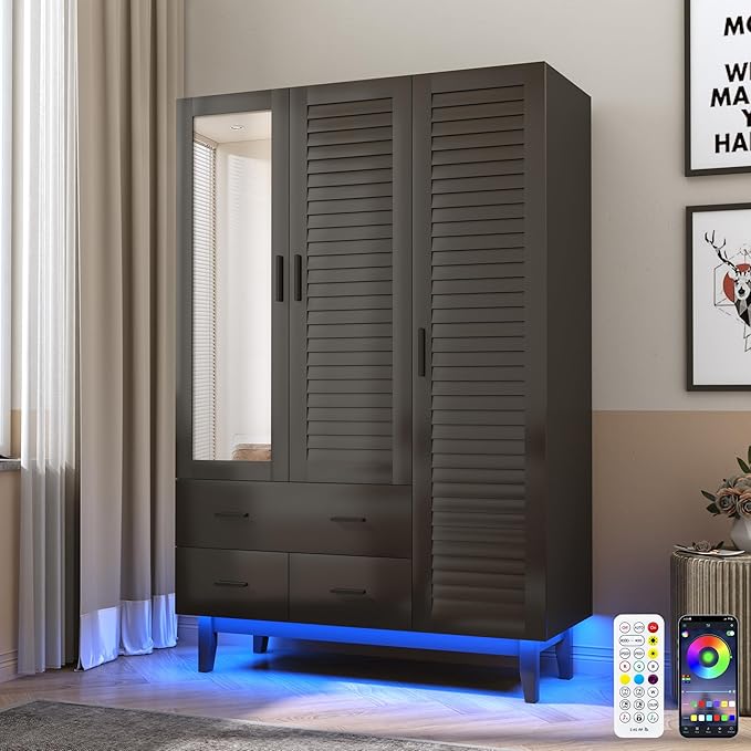 Hlivelood 3 Door Armoire Wardrobe Closet Cabinet with Drawers and LED Lights, Multi-Tier Shelves, Hanging Rod & 3 Louver Doors, Large Capacity Storage Wardrobe Armoire for Bedroom, Black