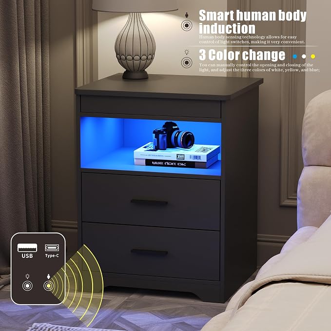 Nightstand with Gun Drawer, Charging Bedside Table with USB & Type-C Port, LED Night Stand with Human Sensor Light, Modern End Table with Drawers for Bedroom Office, Grey - Image 4