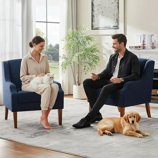 Accent Chair for Living Room Set of 2,No Assembly Upholstered Mid Century Modern Comfy Tufted Armchairs with Wooden Legs,Sofa Chairs for Bedroom, Reading Waiting Room Apartment Dark Blue