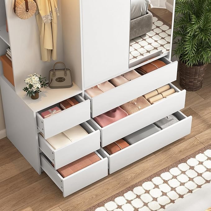 72'' Armoire Wardrobe Closet with Mirror and 6 Drawers,Bedroom Armoire Wardrobe Cabinet with Hanging Rod and Light,Wooden Bedroom Closet with 3 Storage Shelf (White)