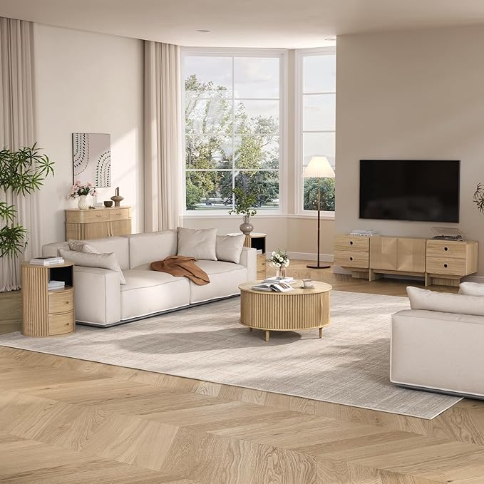 Round Coffee Table with Storage, 31.5" Oak Wood Drum Table, Fluted Circle Center Table for Living Room, Modern Mid Century Furniture with Sliding Door