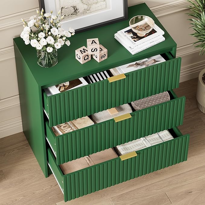 Furniway Green Dresser Bedroom Set 3 Pieces, Nightstands Sets of 2, 6 Drawer Dresser with Gold Handles for Bedroom