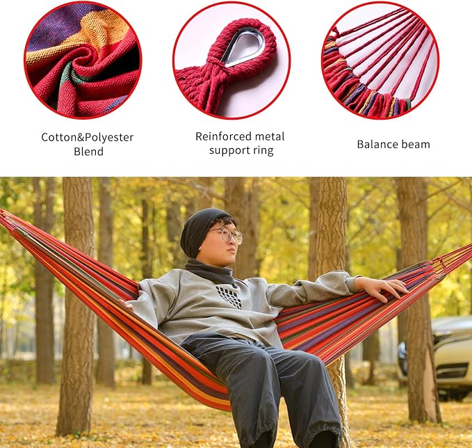 Rainbow Hammock Cotton Hammocks Comfortable Fabric Hammock with Tree Straps for Travel Patio Garden, Hanging Sturdy Hammocks Up to 660lbs Indoor/Outdoor Portable Hamacas with Travel Bag（Rainbow） - Image 4