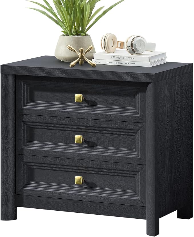 Standifurno Farmhouse Black Nightstand with 3 Drawers, Rustic Bedside Table with Storage, Large Bed Side Table for Bedroom Living Room Home Office Furniture 24.8” Tall Nightstand with Gold Knobs by StandifurnoFurniture