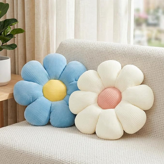 2 Pcs White Blue Flower Pillow Decorative Throw Pillows for Bed Couch Sofa Chair,15.35" Cute Aesthetic Flower Daisy Shaped Pillows Floor Cushions for Bedroom Room Classroom (White+Blue, 15.35 Inch)