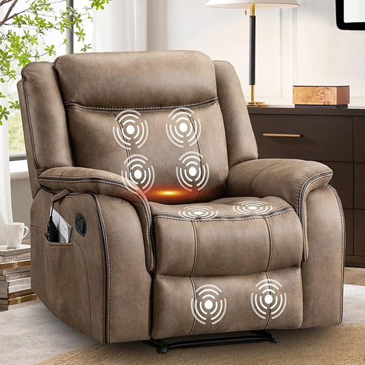 Massage Recliner Chair with Heat, Faux Leather Recliner Chairs for Adults, 39" Wide Manual Reclining Ergonomic Lounge Chair, Overstuffed Wall Hugger Recliners for Living Room, Nut Brown
