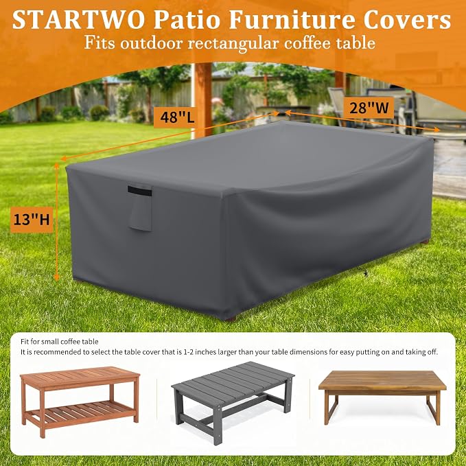STARTWO Patio Coffee Table Cover Waterproof Patio Furniture Covers, Heavy Duty Durable Rectangular Outdoor Table Cover Fits up to 48L x 28Wx 13H inches, Grey - Image 2