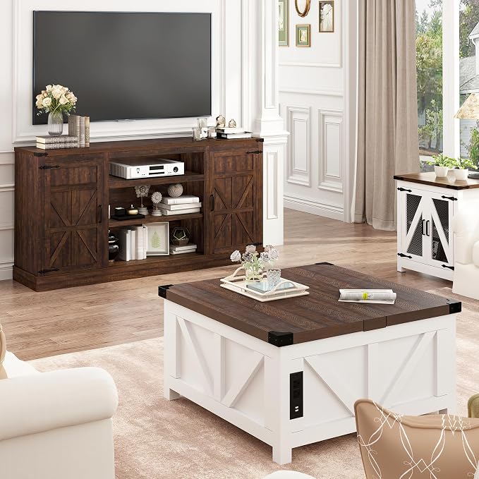 Hlivelood 66" Farmhouse TV Stand with Power Outlets for 75 Inch TVs, 33" Tall Entertainment Center with Storage Cabinets w/Adjustable Shelves, Rustic Large TV Media Console for Living Room, Brown - Image 7