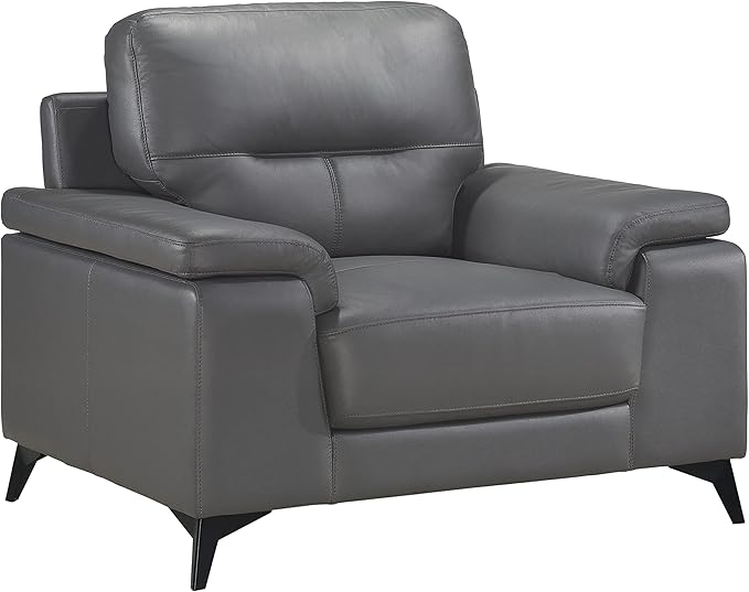 Lexicon Leather Chair, Oversized Chair, Top Grain Leather Lounge Chair, Modern Sofa Arm Chair for Living Room, Bedroom, Office, Apartment, Armchair, Dark Gray