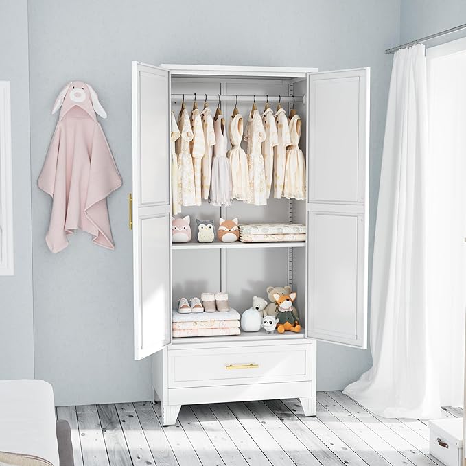 Ckzbx 71" H Metal Armoire Wardrobe Closet with Drawer, Adjustable Shelf, Clothes Drying Pole, Clothes Storage Closet for Bedroom (White)