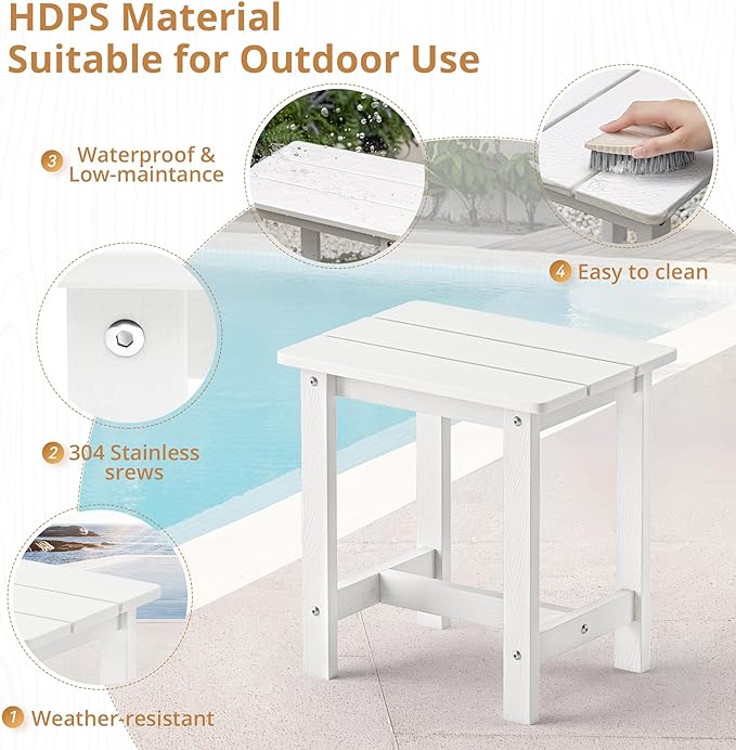 LUE BONA Outdoor Side Table Set of 2, HDPS Small Outdoor Table, Adirondack Side Table, Outside End Table for Patio, Porch, Deck, Pool, Weather Resistant/Easy Maintenance/Indoor or Outside Use, White - Image 6