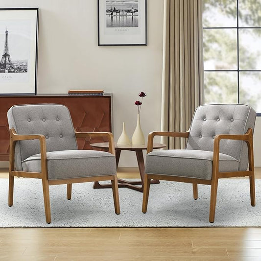 SOFTHION Linen Accent Chair Set of 2, Mid Century Modern Chair for Living Room, Upholstered Comfy Lounge Armchair with Solid Wood Frame, Reading Side Chair for Bedroom,105°Ergonomic Comfort, Grey