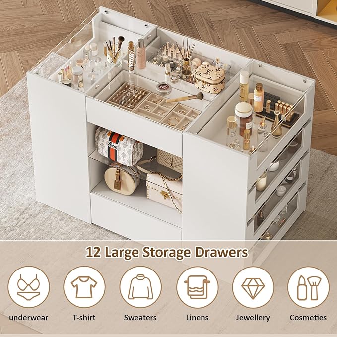 LIVAUVEAD Closet Island with Drawers, Wardrobe Armoire Bedroom Island, Glass Display Shelf & 12 Drawers, White Dresser with Glass Top, Walk-in Closet Island for Bedroom, Cloakroom