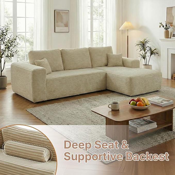 104 inch Boneless L-Shaped Sectional Sofa with Throw Pillow & Side Pockets- No Assembly Compressed Modular Couch, Memory Foam, Deep Seat for Living Room, Bedroom, Apartment White Right