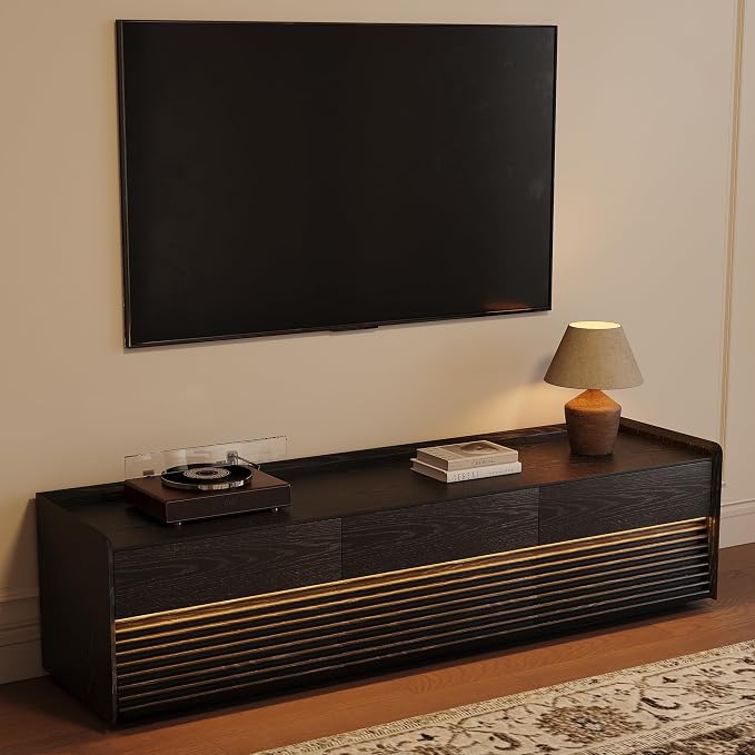 POVISON Fully-Assembled Mid Century Modern TV Stand, 70.87" Entertainment Center with LED Light, Black Walnut Solid Wood TV Console for Living Room, TV Stand with Storage by POVISON