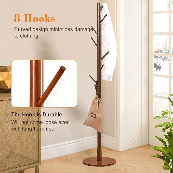 VECELO Coat Rack Freestanding, Entryway Hanger Stand, Umbrella Holder, Hall Tree With Hooks, Floor Standing Metal Tree Stand,Walnut - Image 6