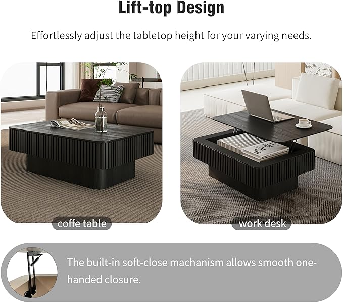 Rectangle Coffee Table with Lifting Top for Living Room Modern Coffee Table with Storage Smart Coffee Tables Lift Up Coffee Tables for Eat Fluted Pedestal Center Tables Apartment 38.6" Black