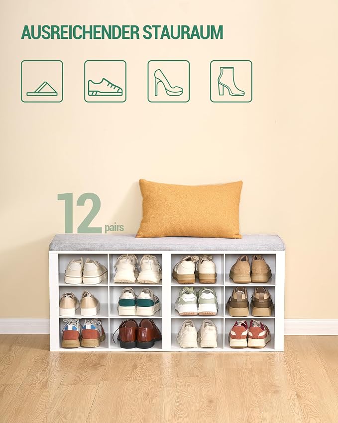 Hzuaneri Shoe Bench with Cushion, Entryway Storage Bench with 12 Cubbies, Cubby Shoe Rack with Adjustable Shelves, Shoe Organizer Cabinet for Living Room, Bedroom, Entryway, White SB19003GY - Image 5