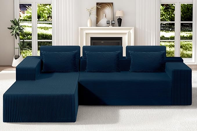 Homguava Modular Sectional Couches for Living Room,105" Cloud Couch with L-Shape Chaise,Comfy Sofa Living Room Sofas with Deep Seat,No Assembly L Couch,Corduroy Fabric(Blue,L)