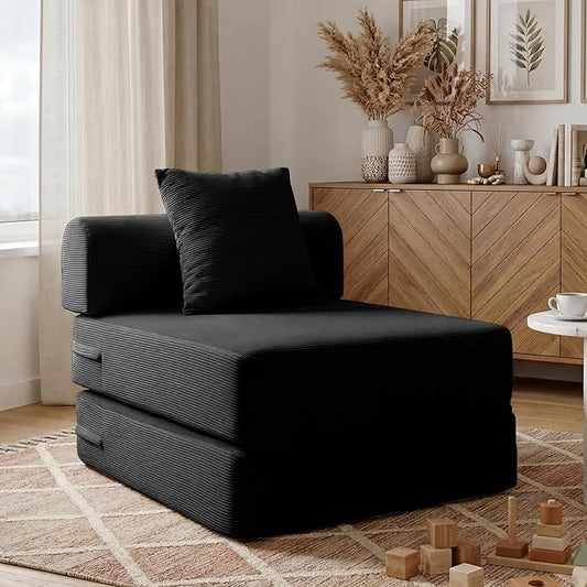31.5'' Convertible Compressed Corduroy Folding Cloud Sofa Bed, Modern Boneless Pull Out Sleeper Sofa Couch in a Box, 3 in 1 Portable Lazy Floor Lounge Chair, No Assembly Needed, Black, Pillow, Single