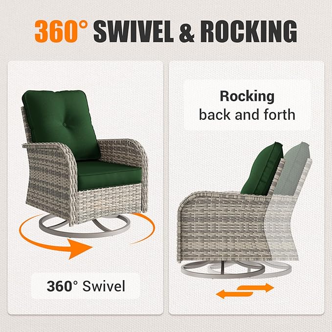 14-Piece Outdoor Patio Furniture Set with Rocking Swivel Chair, Wicker Rattan Sectional Sofa Conversation Set with 55,000 BTU Fire Pit Table, Backyard Furniture, Green