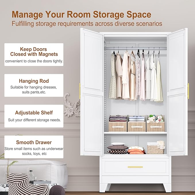 Metal Armoire Wardrobe Closet Storage Cabinet with 2 Doors White, 71'' Wardrobe Cabinet with Hanging Rod Metal Closet with Adjustable Shelf and Drawer for Bedroom, Laundry Room, Cloak Room
