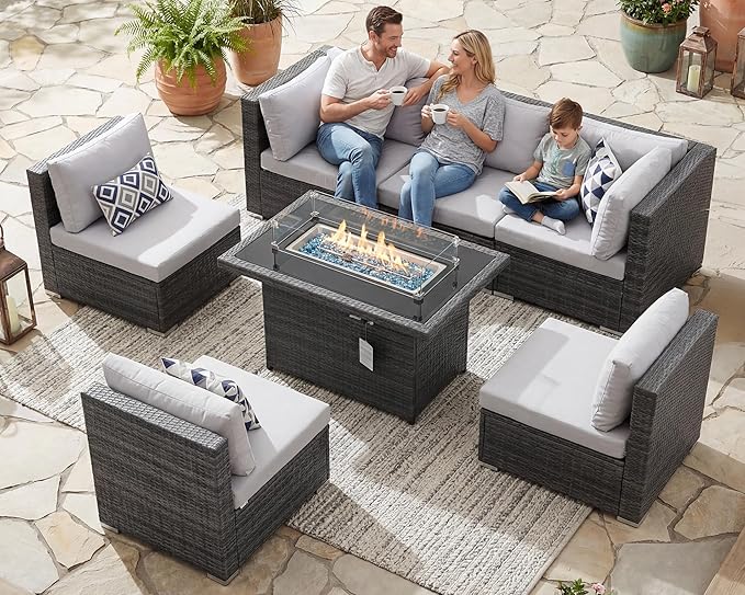 NICESOUL High-End Outdoor Patio Furniture Set with Natural Gas/Propane Firepits, 7 Piece Large Wicker Sectional Couches with Fire Table, 29.3'' High Back Deep Seating Comfy Conversation Sofas, Gray