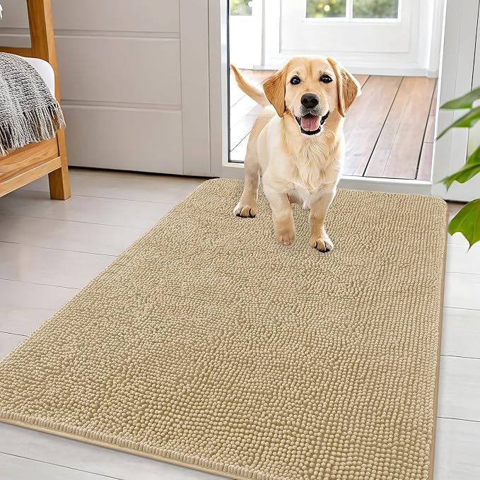 OLANLY Dog Door Mat for Muddy Paws 44x32, Absorbs Moisture and Dirt, Absorbent Non-Slip Washable Doormat, Quick Dry Chenille Mud Mat for Dogs, Entry Indoor Entryway Carpet for Inside Floor, Beige by OLANLY