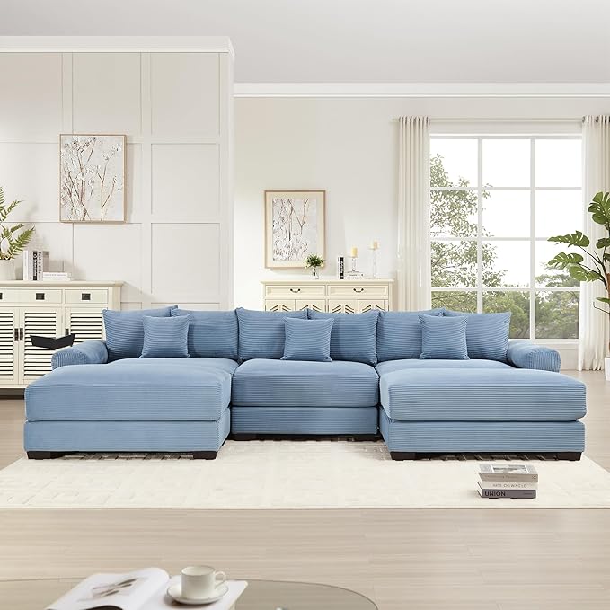 KEIKI 130" U-Shaped Oversized Corduroy Modular Cloud Sectional Sofa with 2 Ottoman, High-Density Foam Cushion, Extra-Thick Armrest, 3-Seater Fluffy Corner Couch with 9 Pillow, for Living Room, Blue
