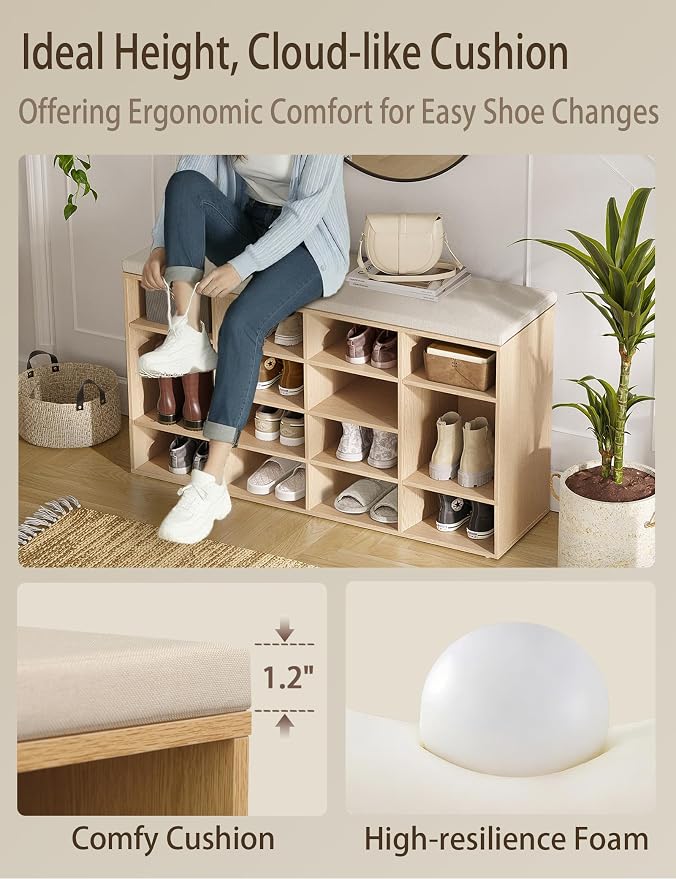 DINZI LVJ Shoe Storage Bench with Cushion, 16-Cubby Shoe Rack, Adjustable Shelves, 40.9" Long Shoe Organizer Bench for Entryway, Mudroom, Hallway, Garage, Natural and Cappuccino Beige - Image 7