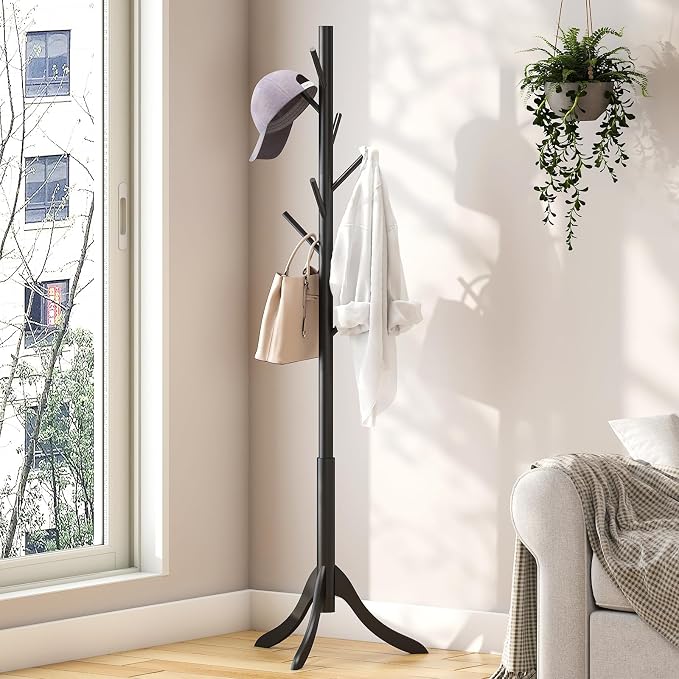 kiplant Black Coat Rack Stand, Bamboo Wood Freestanding Coat Tree with 8 Hooks, Hallway Entryway Hat Hanger Organizer Standing for Bedroom, Office, Clothes, Jackets, Bags, Umbrallas - Image 5