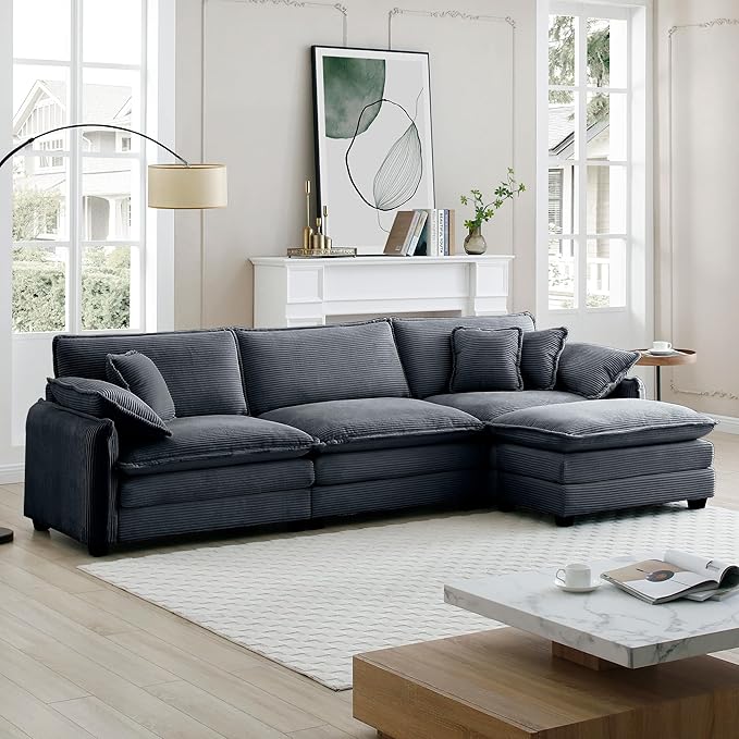 KEIKI 115" L-Shaped Oversized Corduroy Modular Sectional Sofa with 1 Ottoman, High-Density Foam Cushions, Removable Armrests, Upholstered 3-Seater Corner Couch with 5 Pillow, for Living Room, Grey