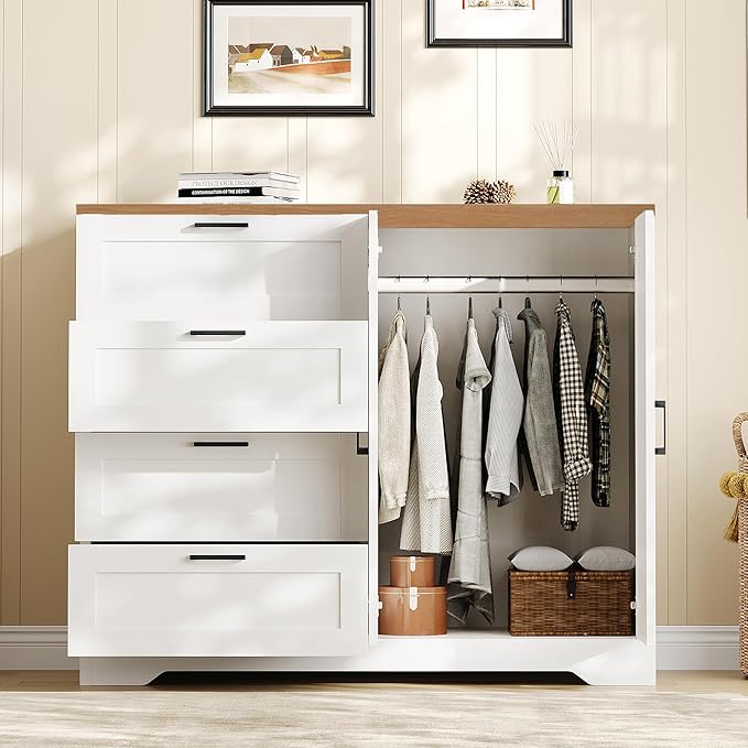 IDEALHOUSE 43.3'' H Armoire Wardrobe Closet with 4 Drawers and 2 Doors, Hanging Rod, Multifunctional Wooden Dresser with Storage Closet, Bathroom Cabinet for Bedroom, White