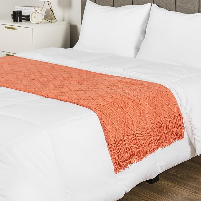 PAVILIA Coral Orange Knit Throw Blanket for Couch Bed, Soft Knitted Farmhouse Sofa Throw for Living Room, Lightweight Decorative Fall Throw Blanket for Chair, Outdoor Textured Boho Blanket, 50x60