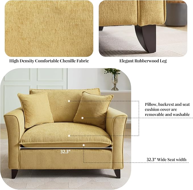 46.3 Inch Oversized Armchair Chenille Fabric Chair and a Half Single Sofa with Pillow Removable Washable Covers Rubberwood Legs Ruffled Armrests for Living Room Bedroom Office Apartment, Yellow